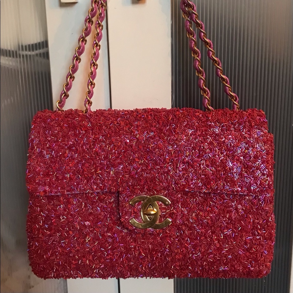 CHANEL Red Beaded Classic Flap Shoulder Bag with Gold Hardware